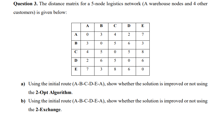  Question 3. The distance matrix for a 5-node logistics network (A