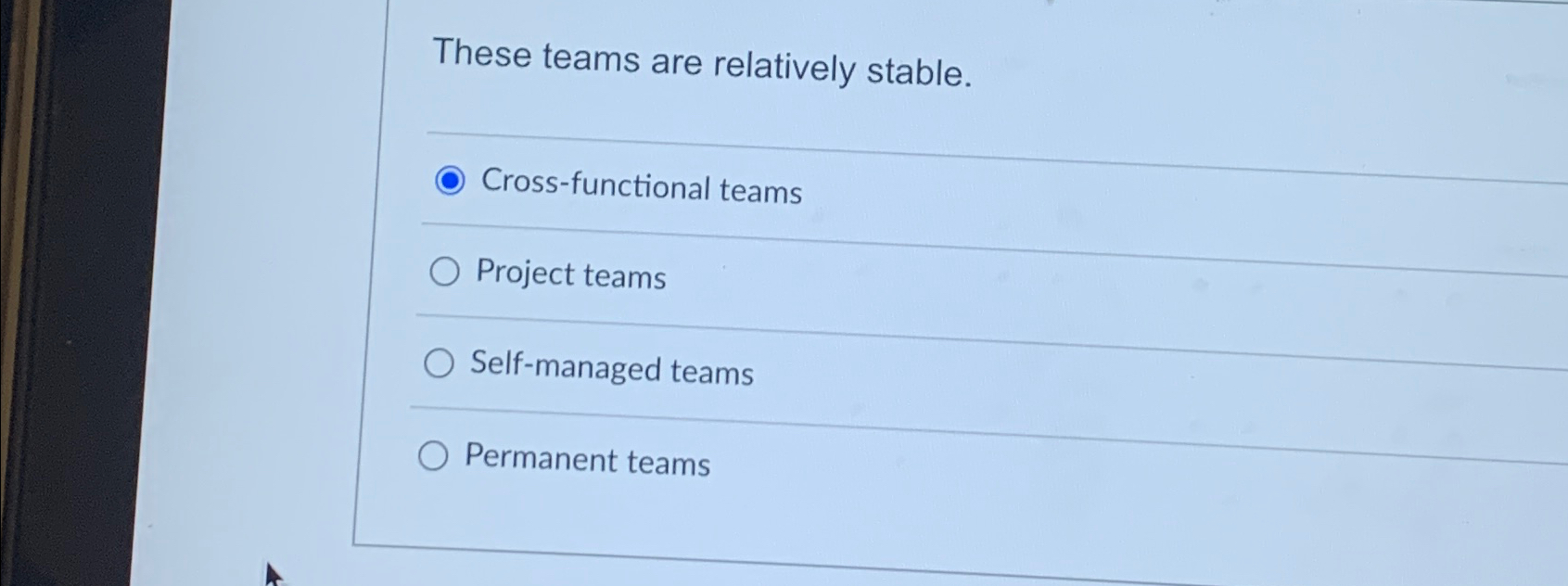  These teams are relatively stable. Cross-functional teams Project teams Self-managed teams