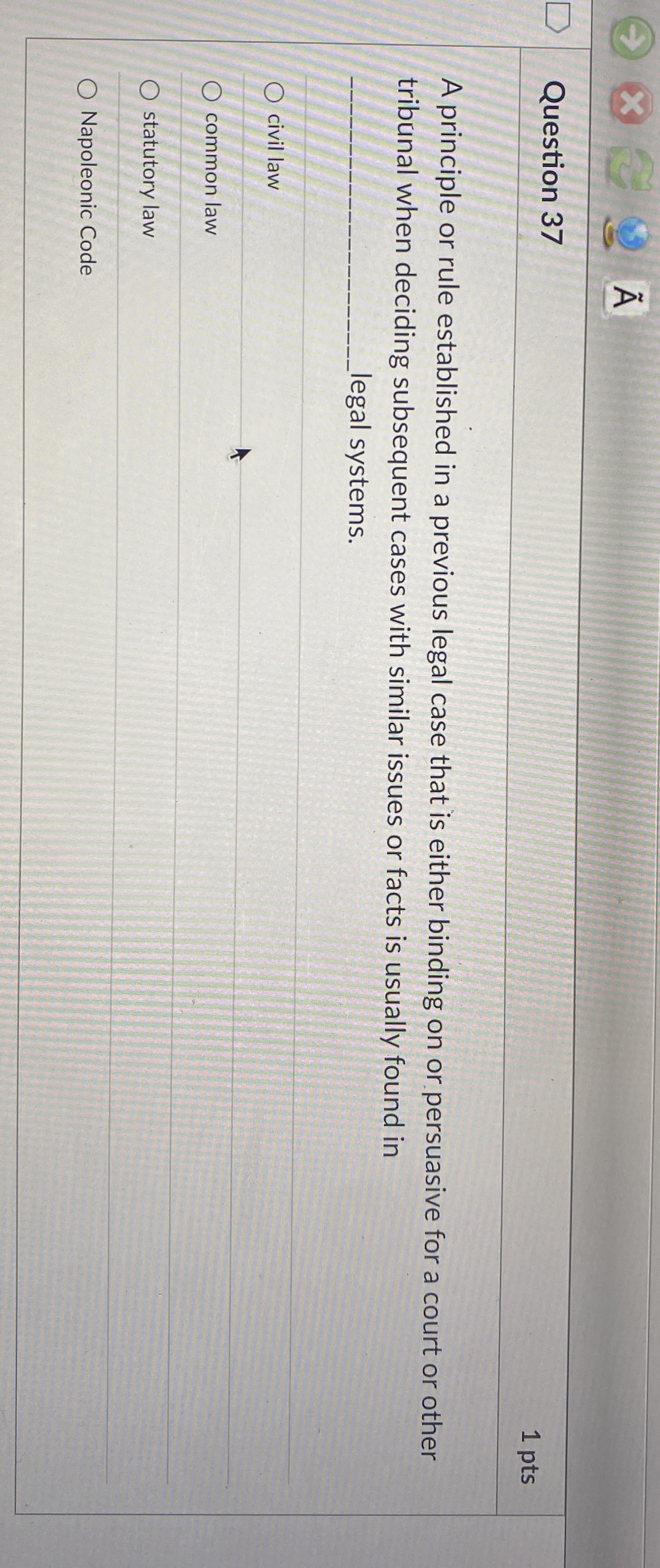  Question 37 1 pts A principle or rule established in a