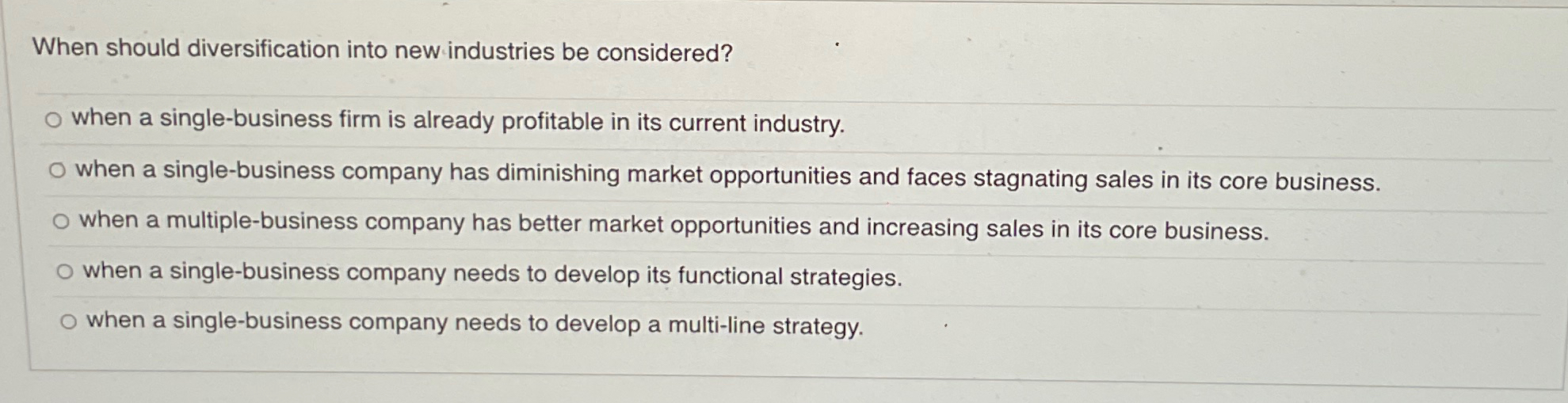  When should diversification into new industries be considered? when a single-business