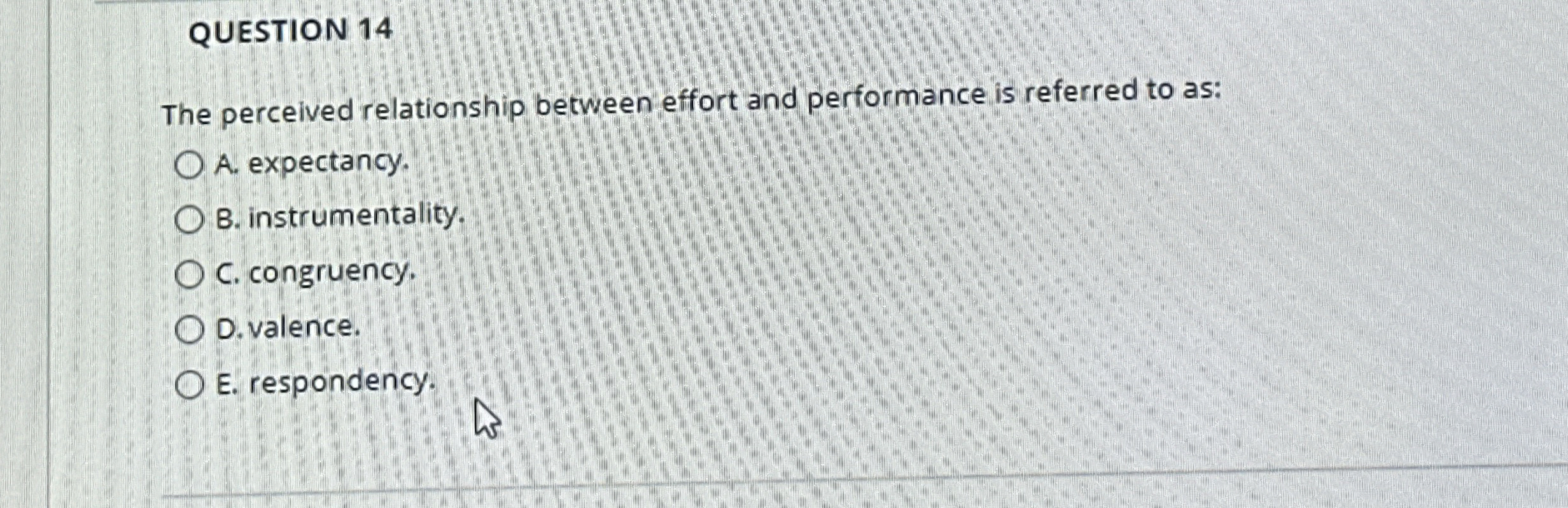  QUESTION 14 The perceived relationship between effort and performance is referred