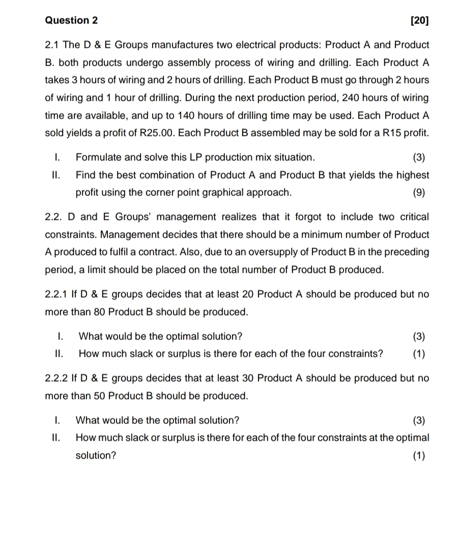  Question 2 20 2.1 The D & E Groups manufactures two