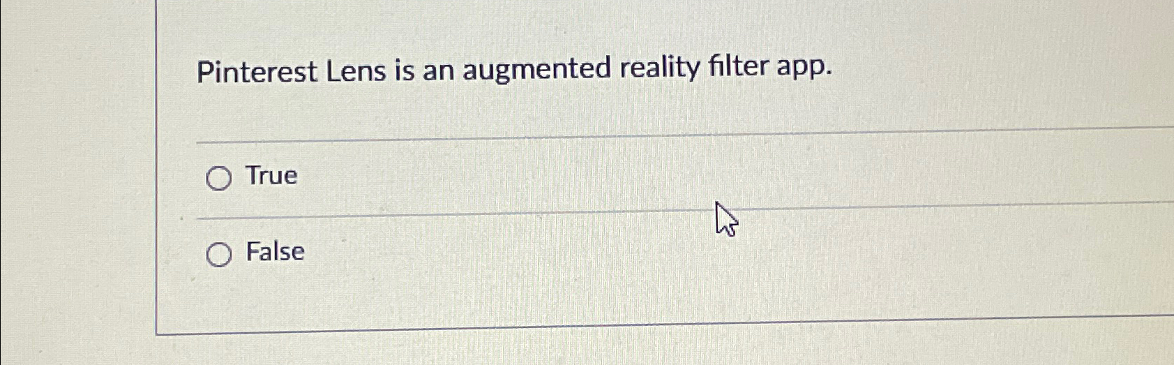  Pinterest Lens is an augmented reality filter app. True False 