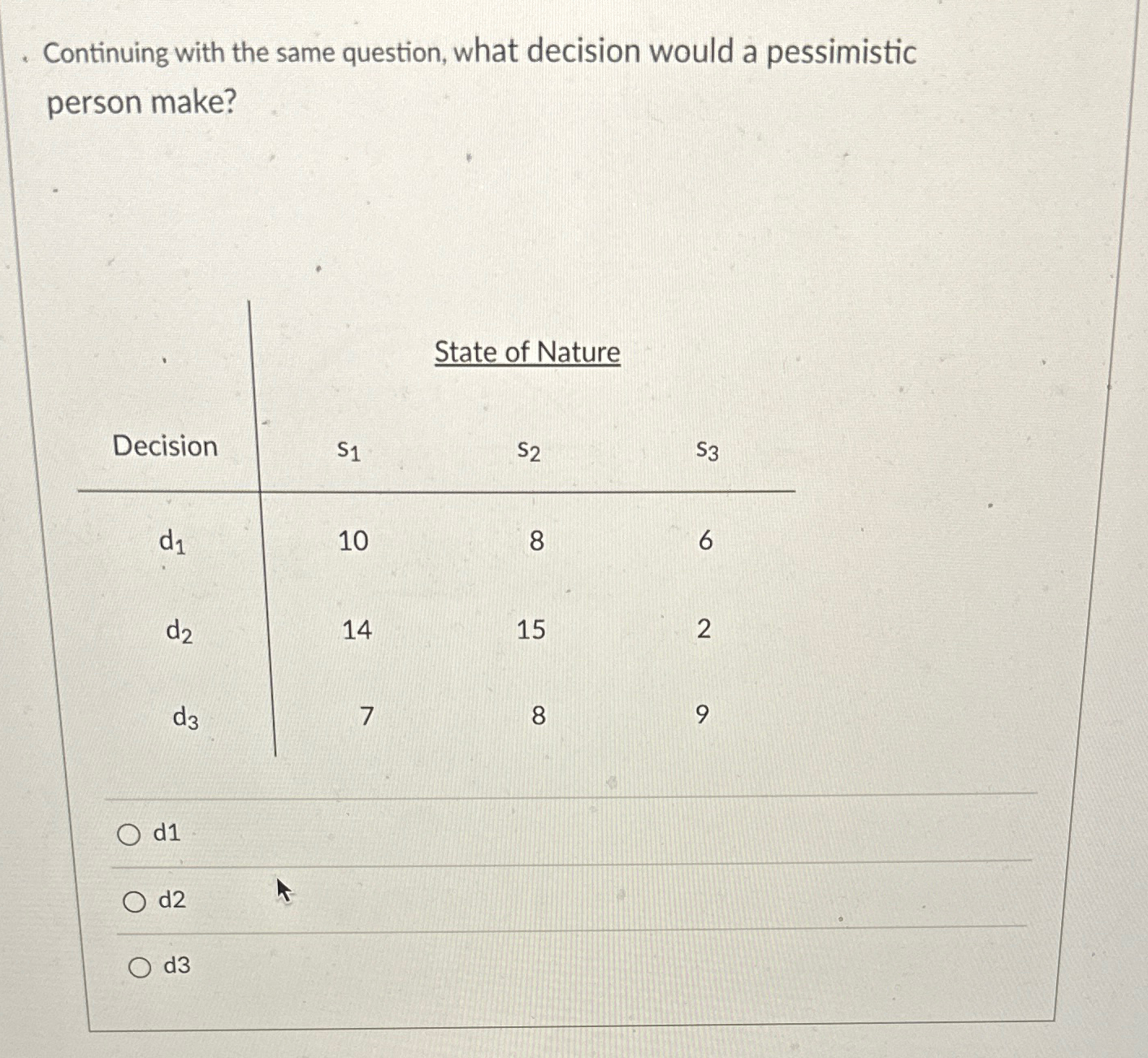  Continuing with the same question, what decision would a pessimistic person