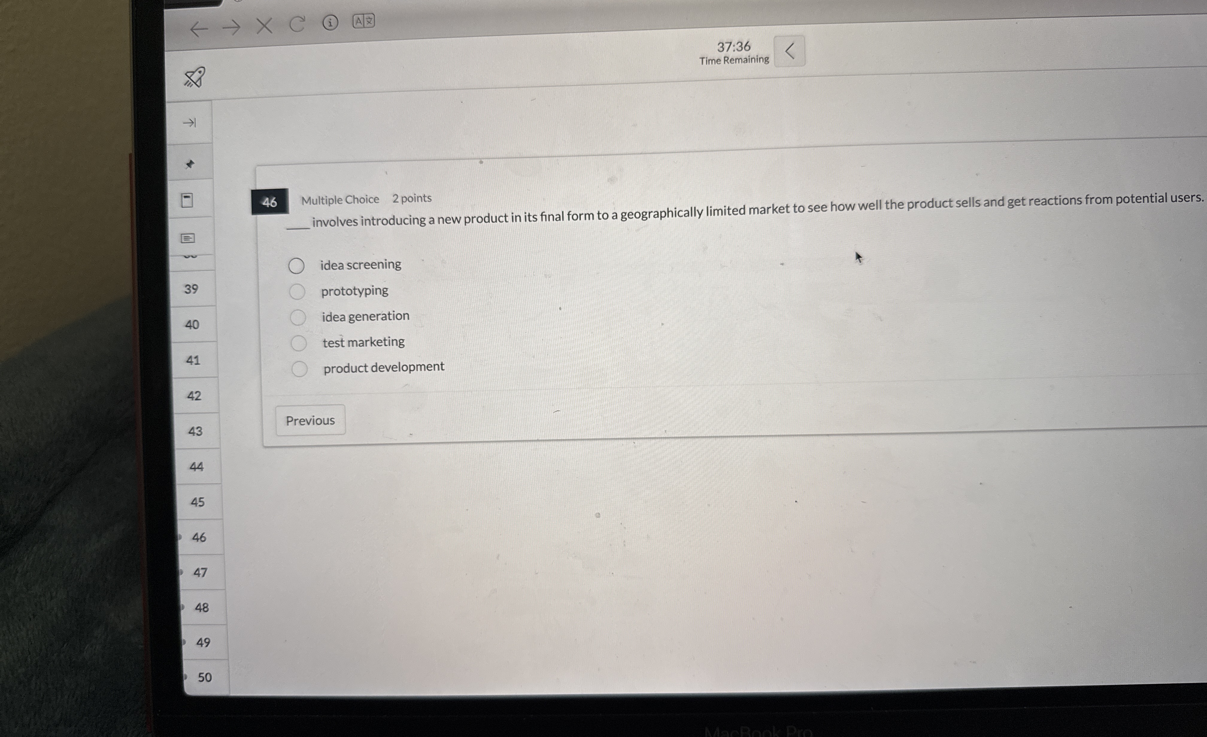  37:36 Time Remaining 46 Multiple Choice 2 points q, involves introducing