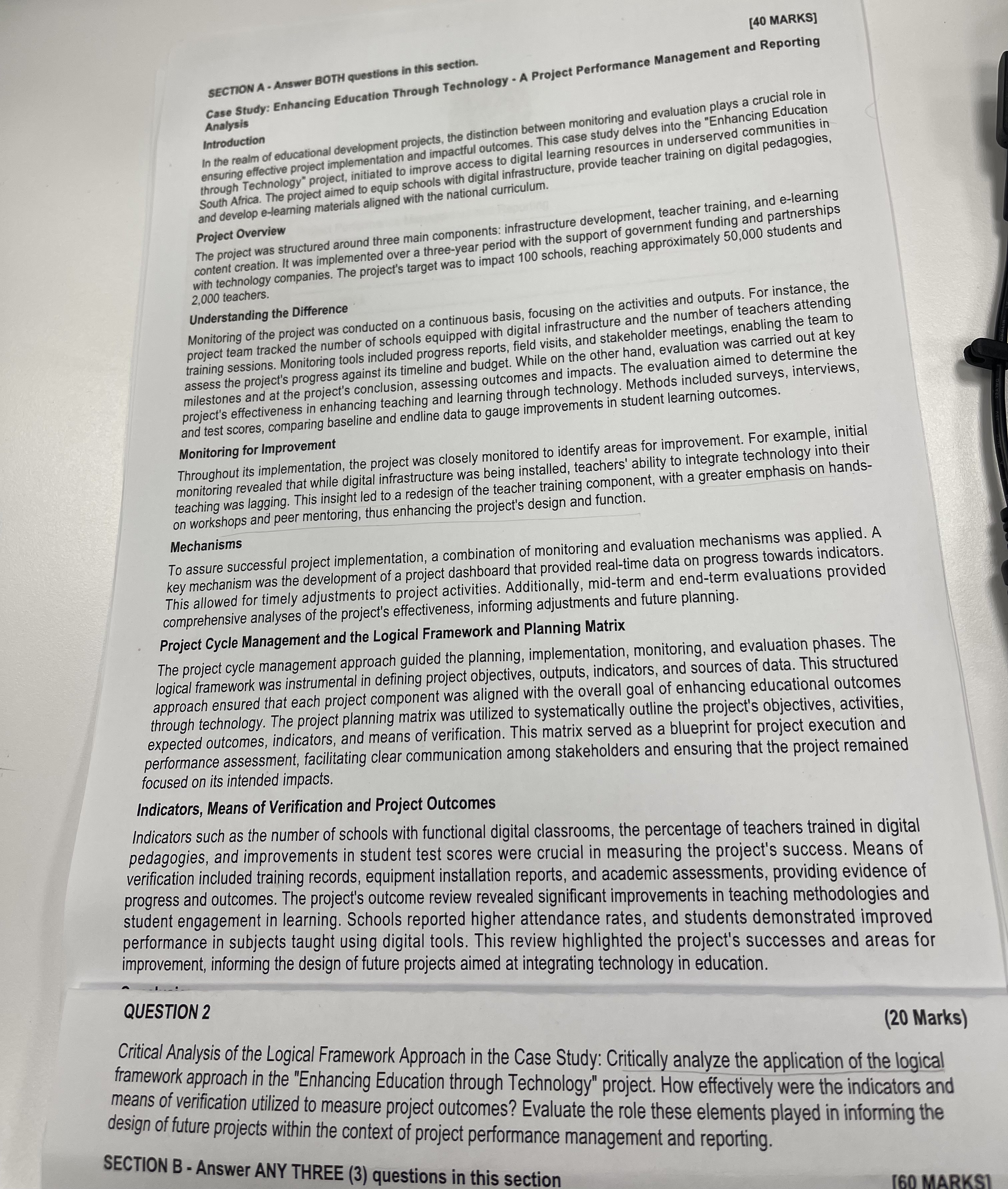 [40 MARKS] SECTION A-Answer BOTH questions in this section. Case Study: Enhancing