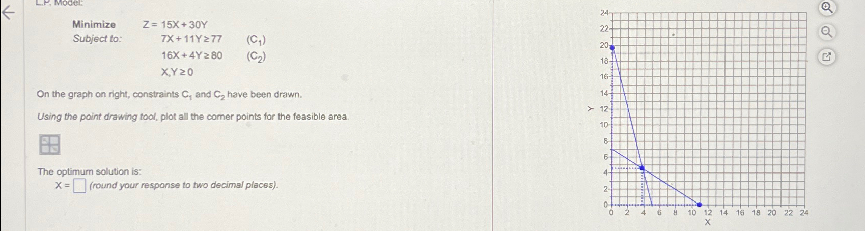  Minimize Z=,15x+30Y Subject to: 7x+11Y77,(C1) ,16x+4Y80,(C2) ,x,Y0 On the graph on
