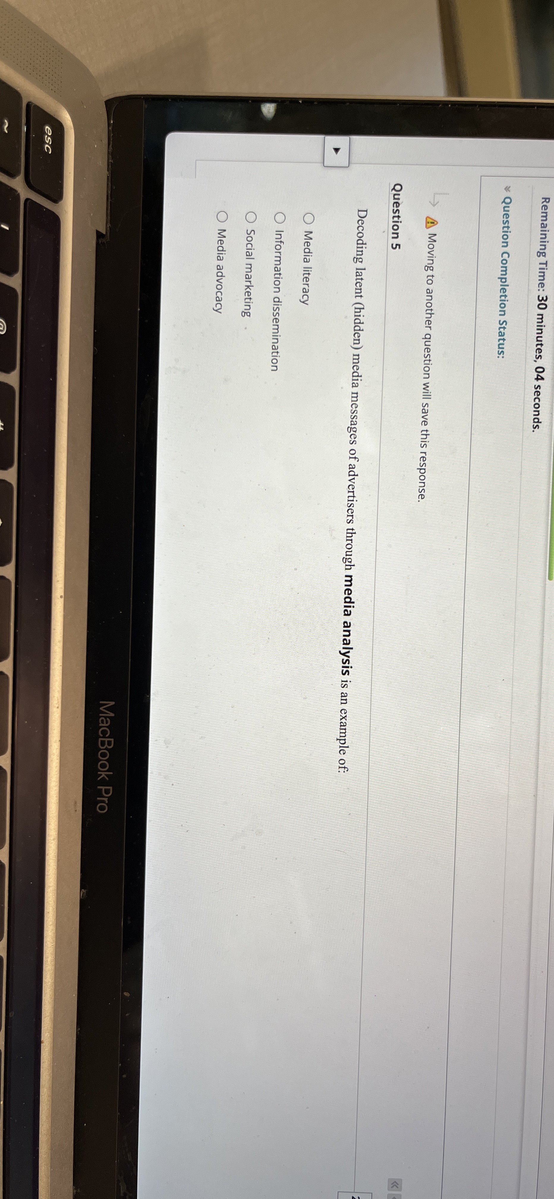  Remaining Time: 30 minutes, 04 seconds. Question Completion Status: Moving to