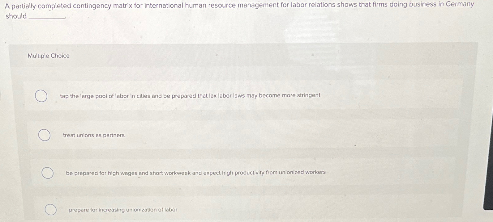  A partially completed contingency matrix for international human resource management for