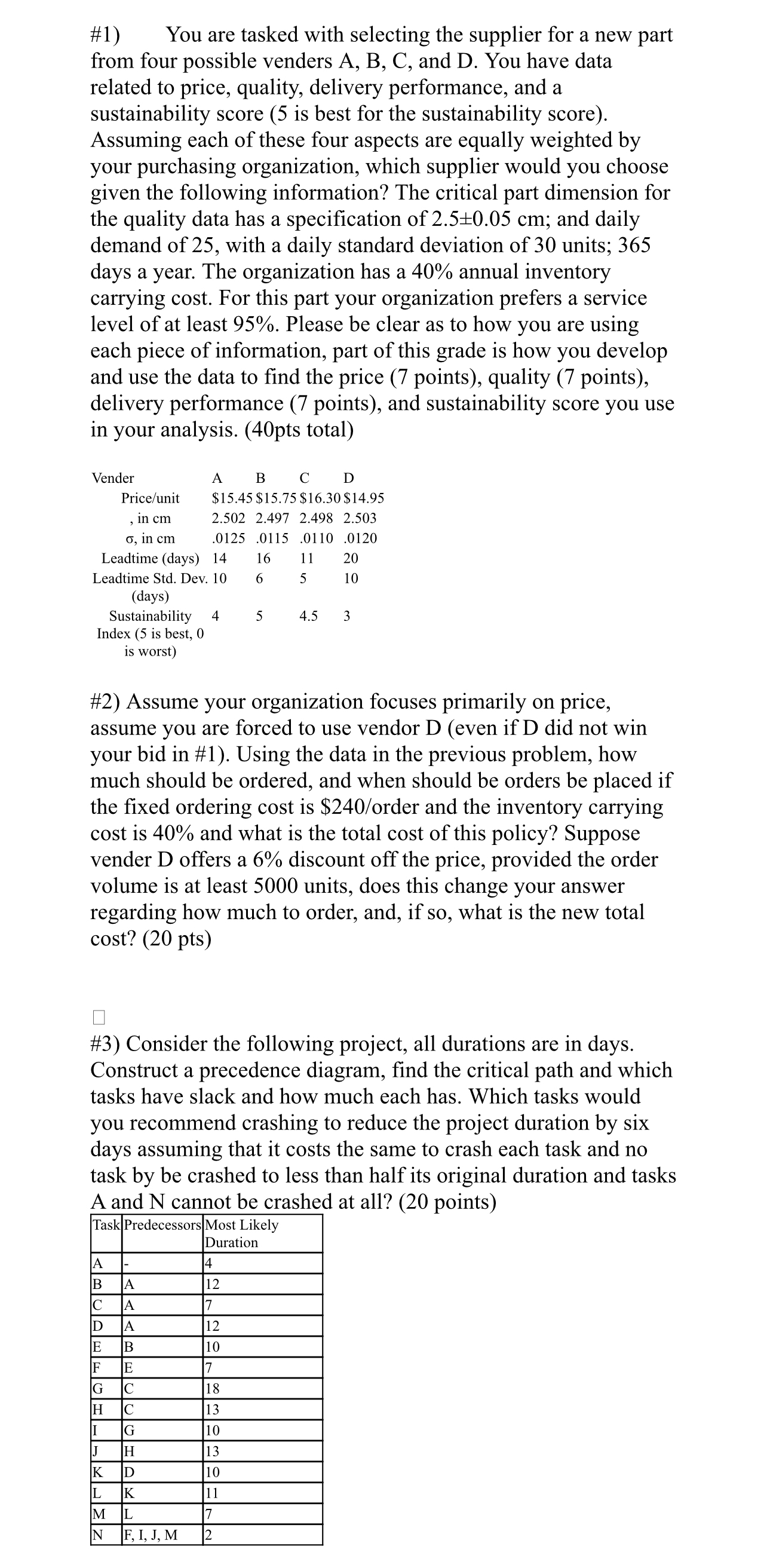  #1) You are tasked with selecting the supplier for a new