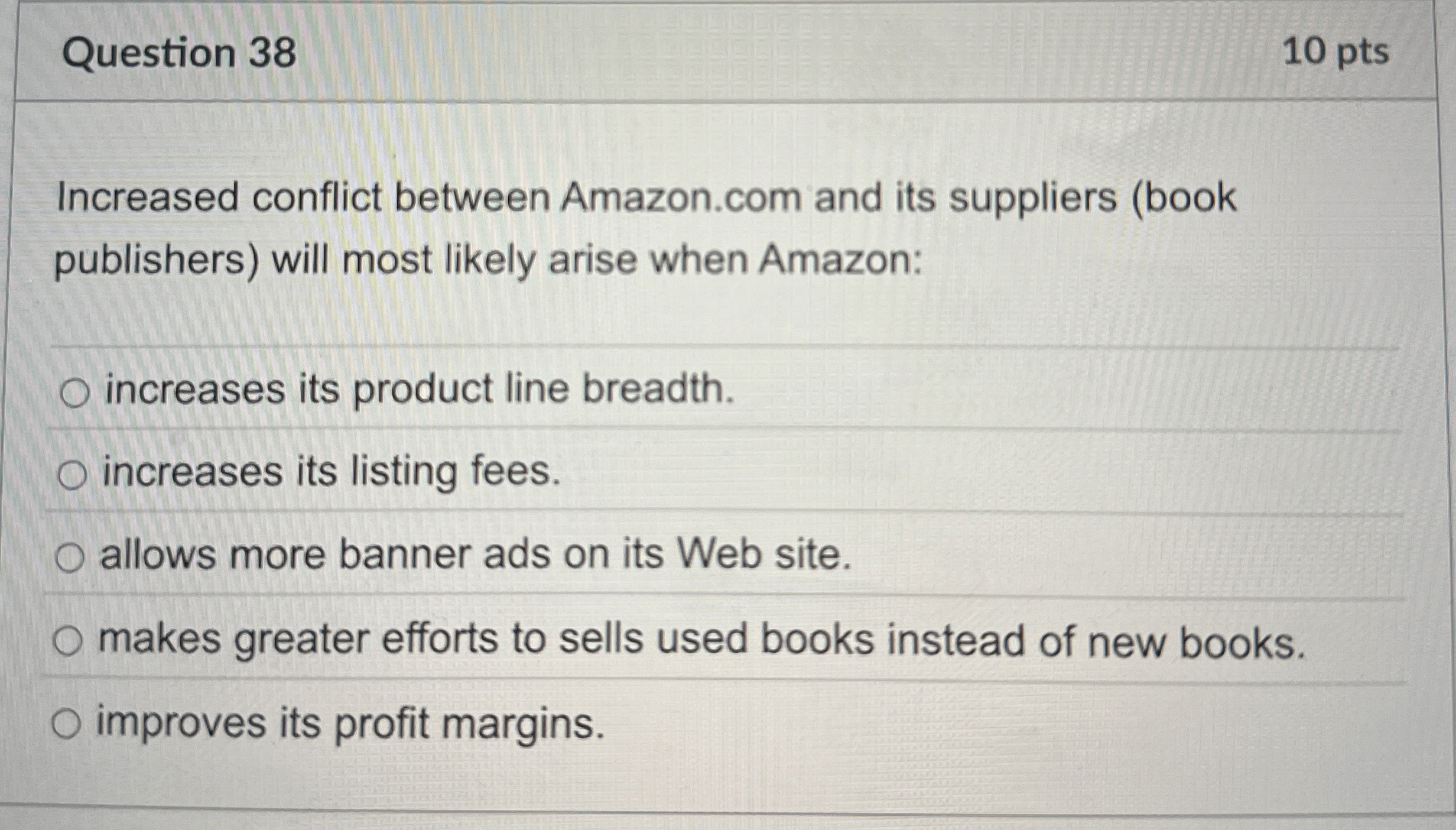  Question 38 Increased conflict between Amazon.com and its suppliers (book publishers)
