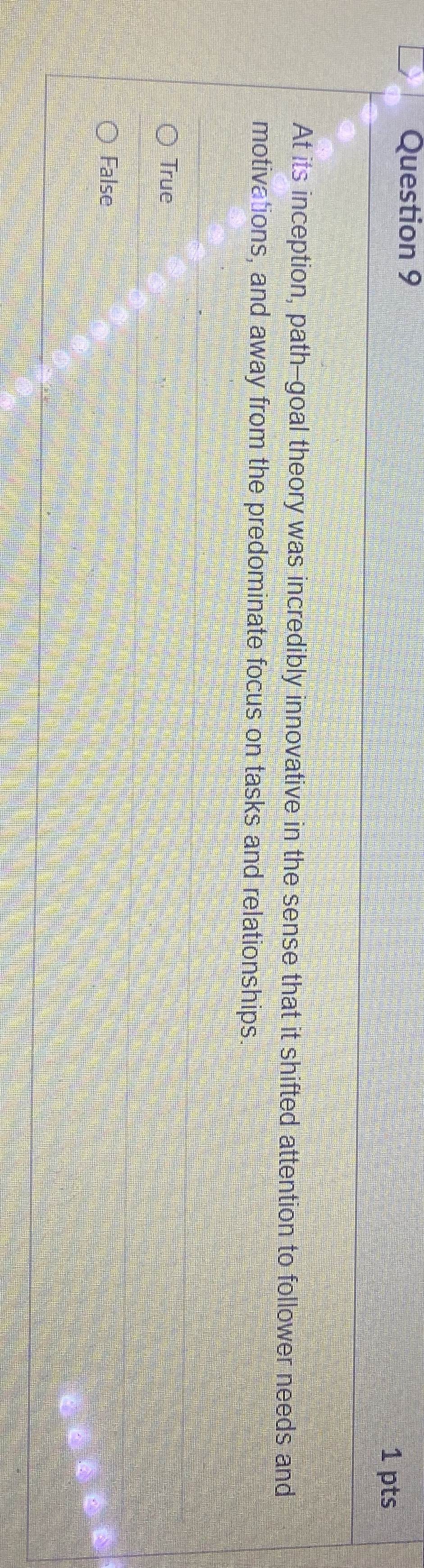  Question 9 1 pts At its inception, path-goal theory was incredibly