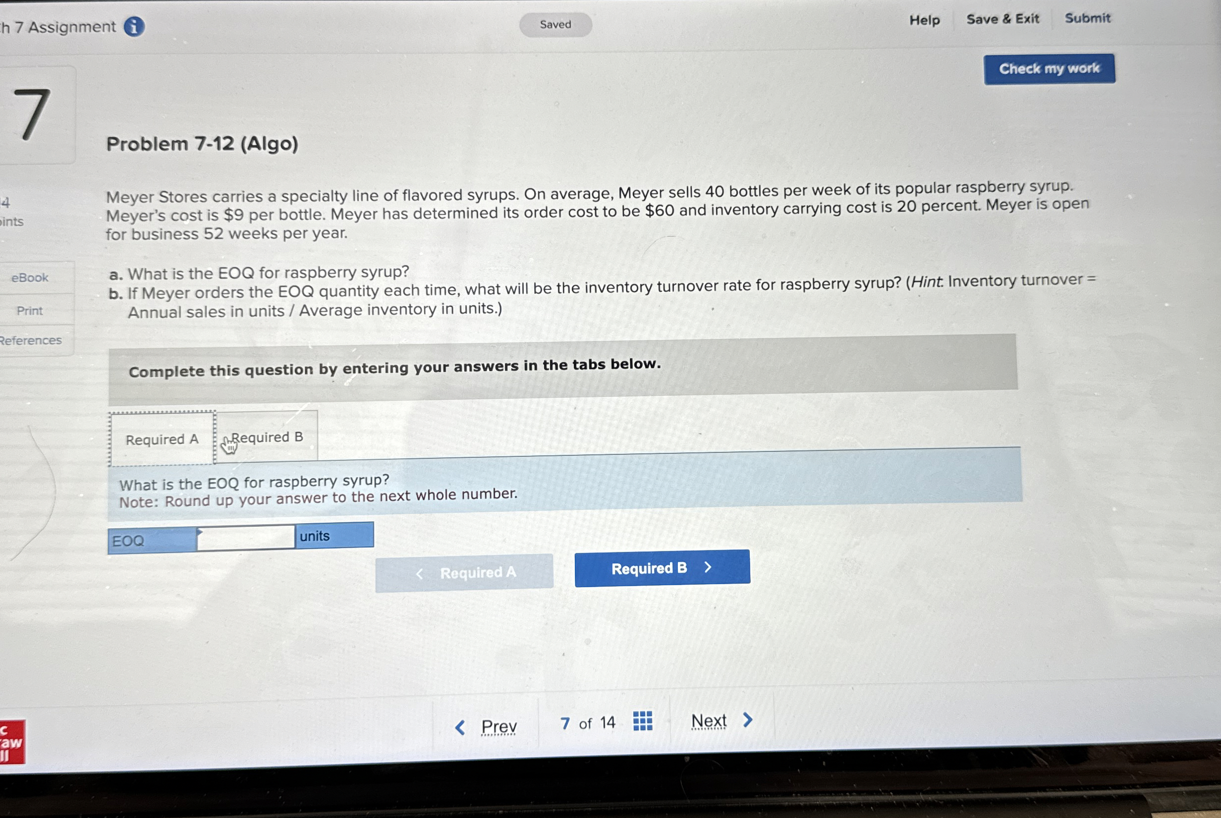  h 7 Assignment Help Save & Exit Submit i Problem 7-12(Algo)