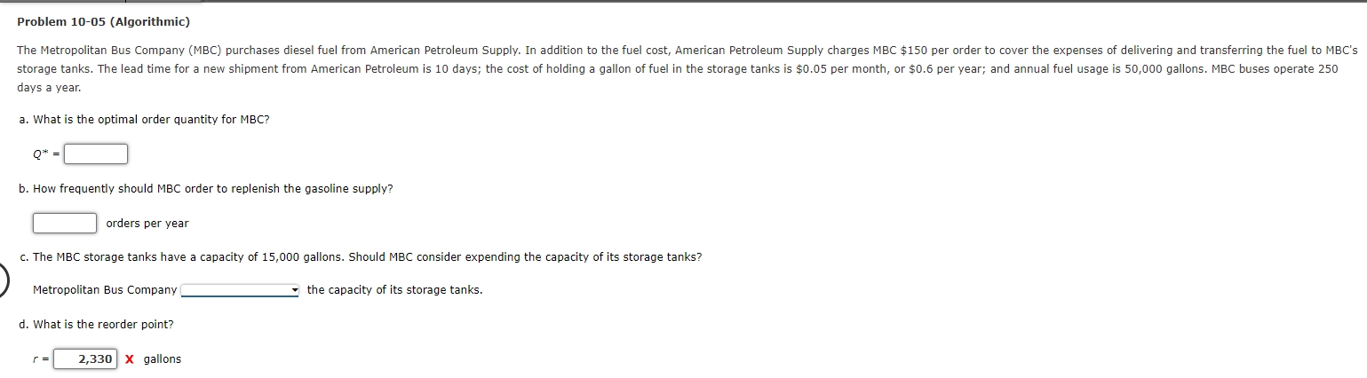  Problem 10-05(Algorithmic) days a year. a. What is the optimal order