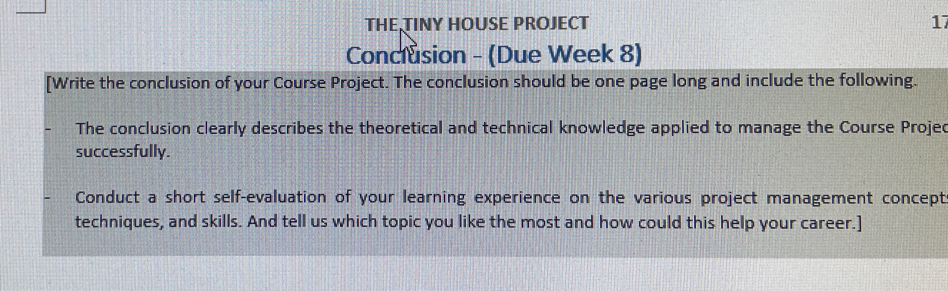  THE TINY HOUSE PROJECT Concuusion-(Due Week 8) [Write the conclusion of