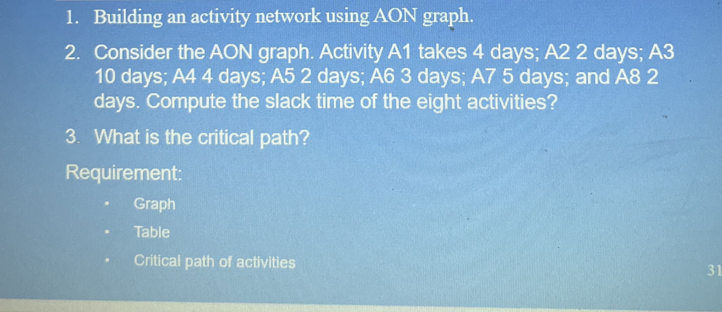  Building an activity network using AON graph. Consider the AON graph.