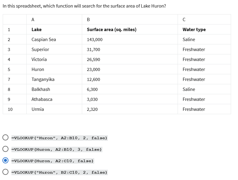  In this spreadsheet, which function will search for the surface area