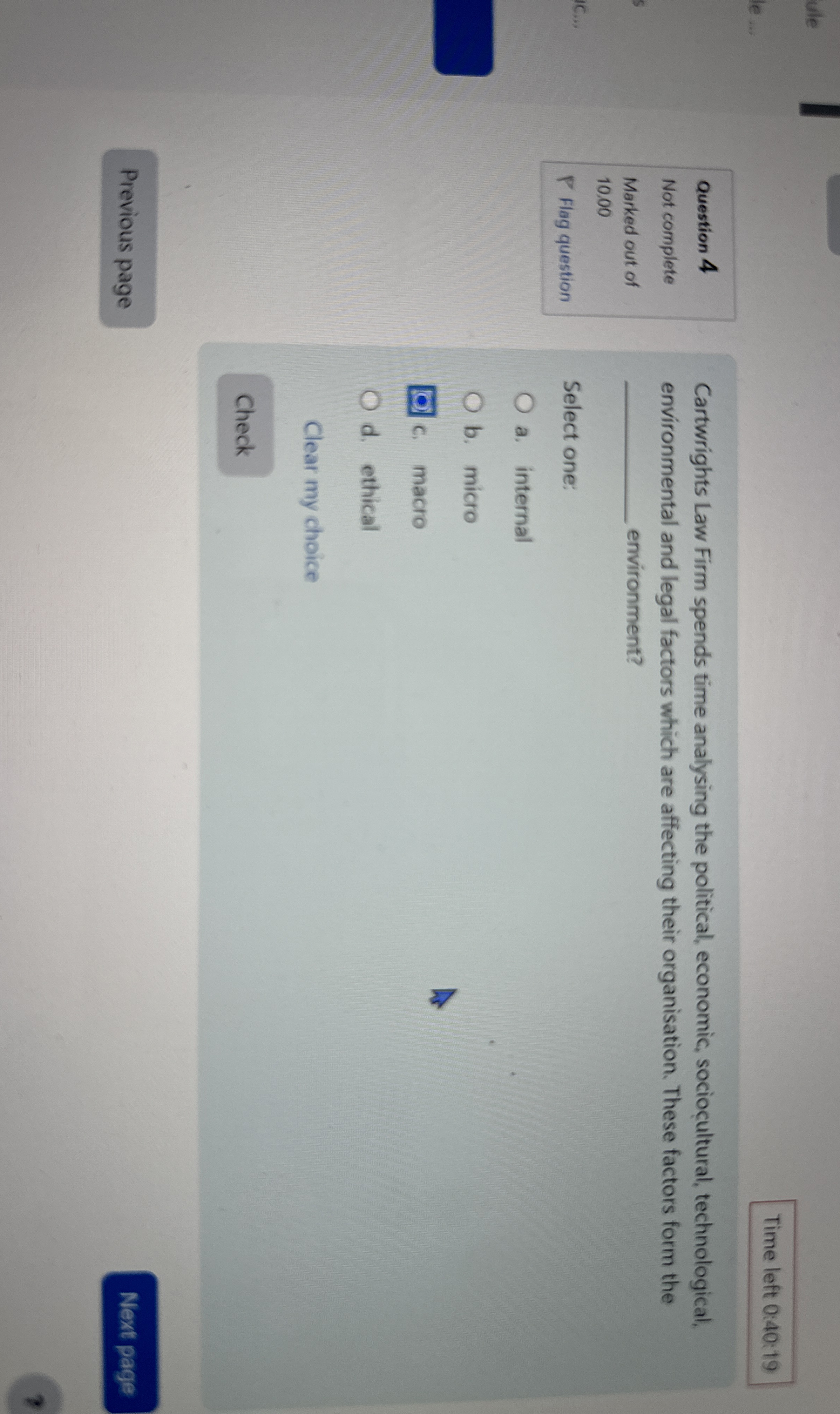 Time left 0:40:19 Question 4 Not complete Marked out of 10.00