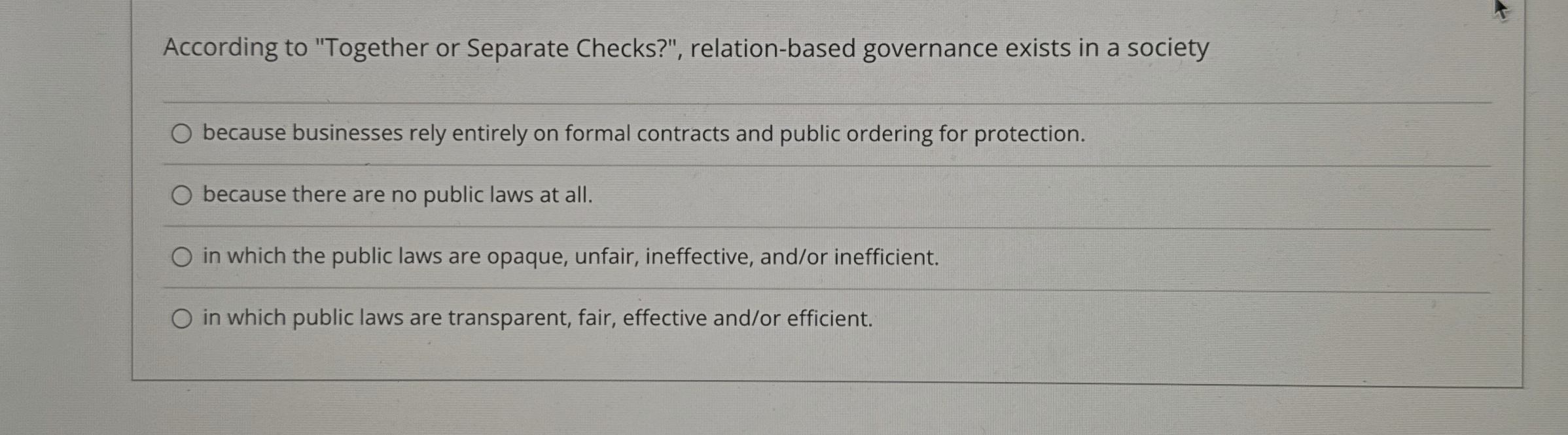  According to "Together or Separate Checks?", relation-based governance exists in a