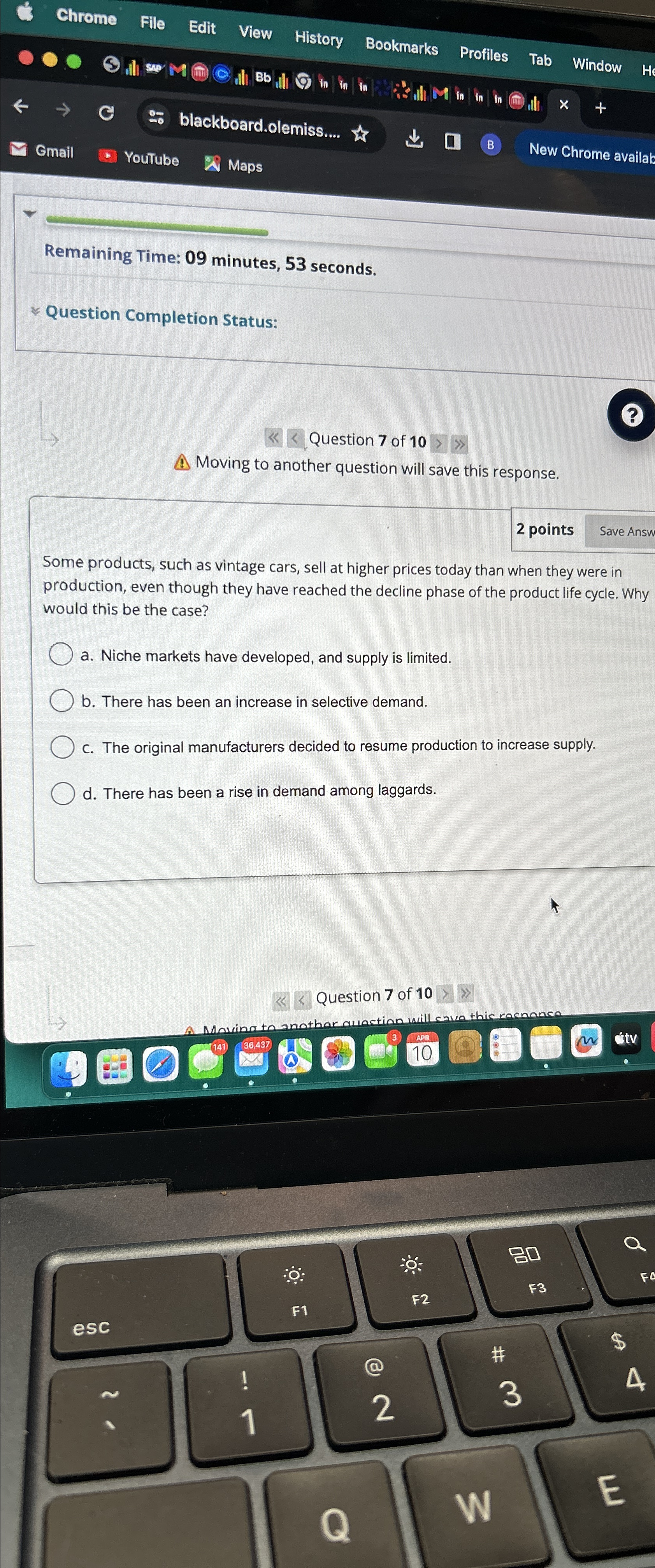 Remaining Time: 09 minutes, 53 seconds. Question Completion Status: Question 7