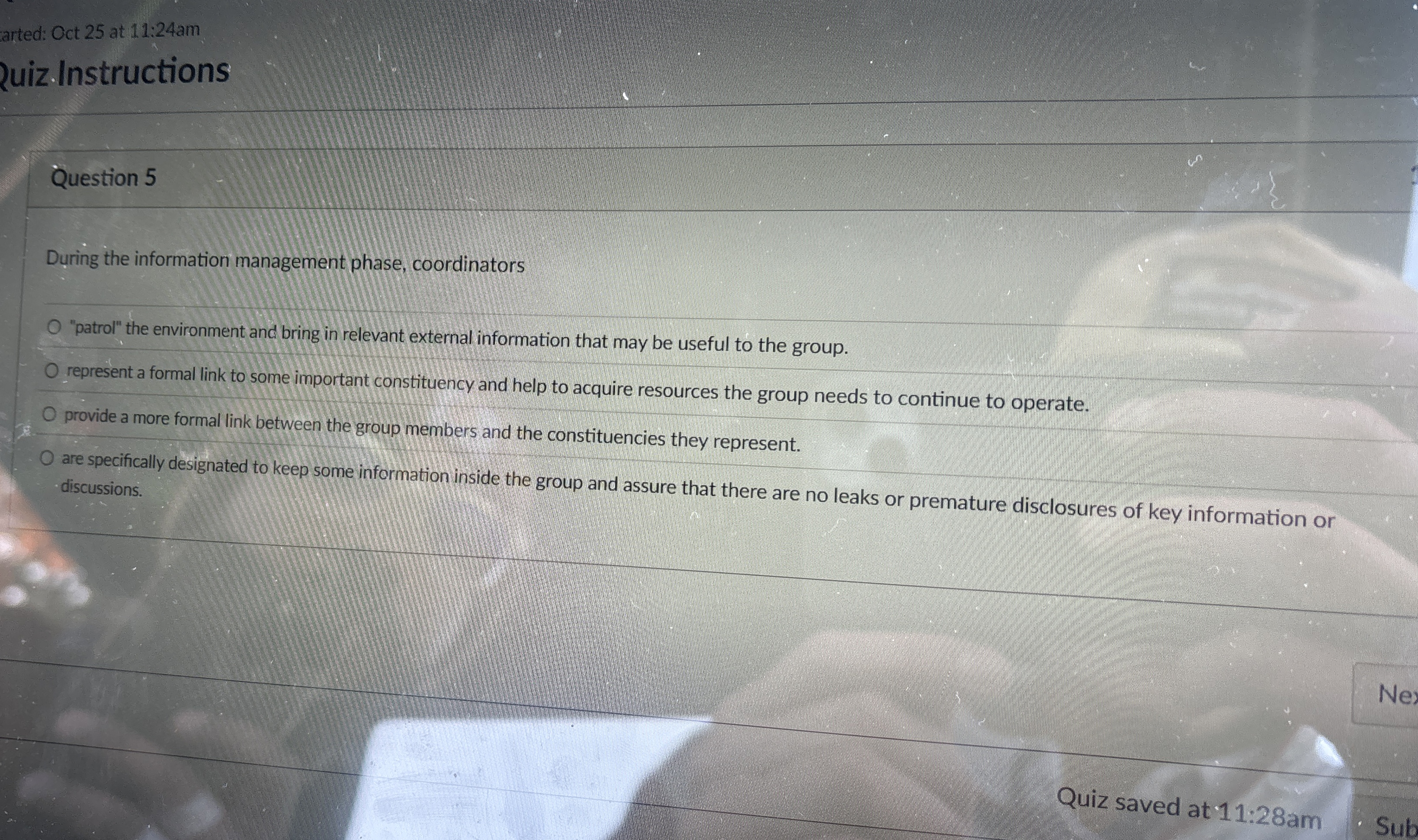  arted: Oct 25 at 11:24am 2uiz. Instructions Question 5 During the