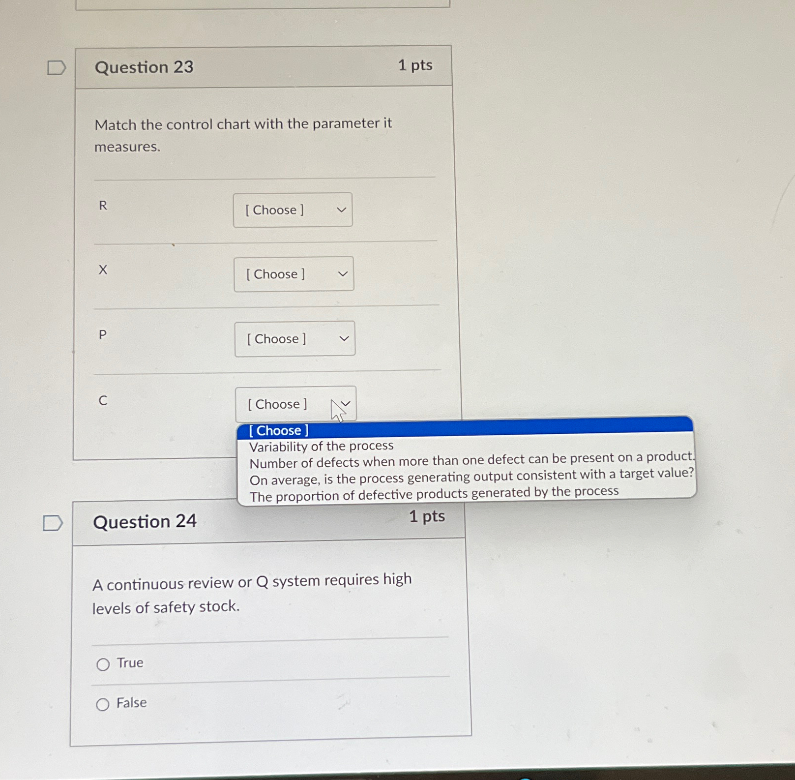  Question 23 1pts Match the control chart with the parameter it