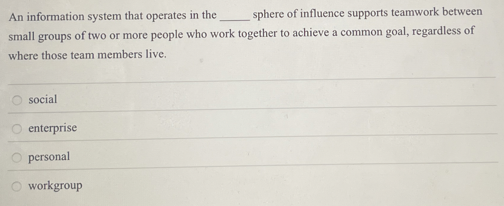  An information system that operates in the q, sphere of influence