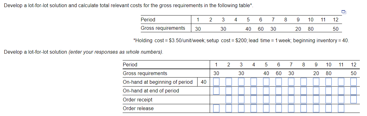  Develop a lot-for-lot solution and calculate total relevant costs for the