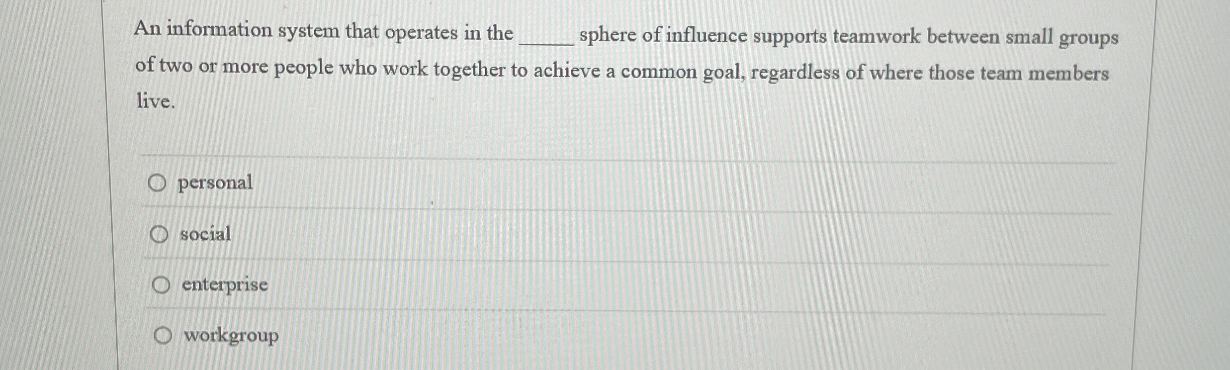  An information system that operates in the q, sphere of influence