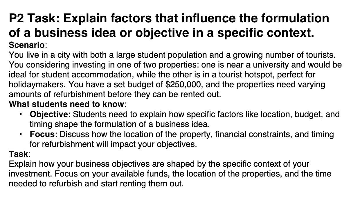  P2 Task: Explain factors that influence the formulation of a business