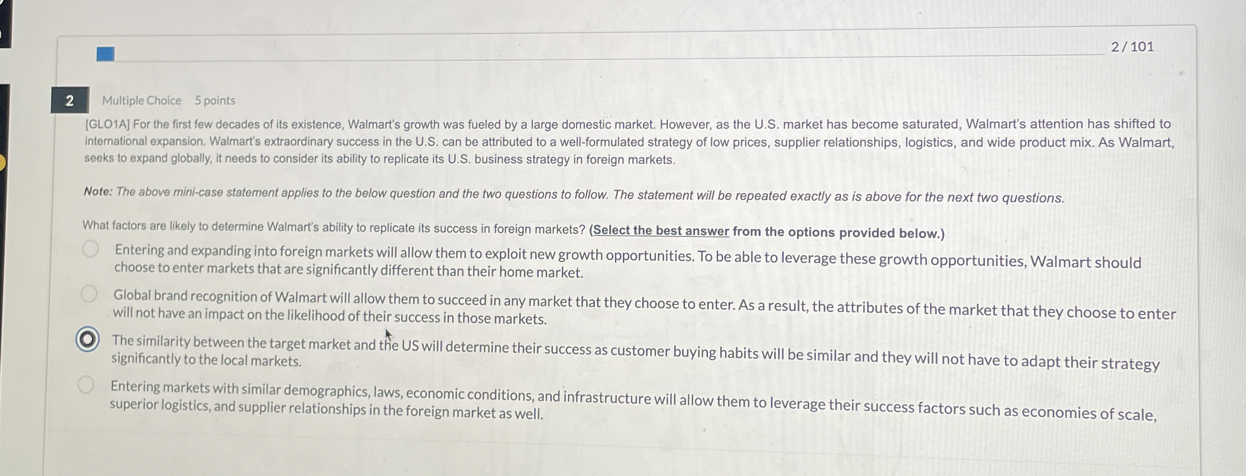  2/101 2 Multiple Choice 5 points [GLO1A] For the first few