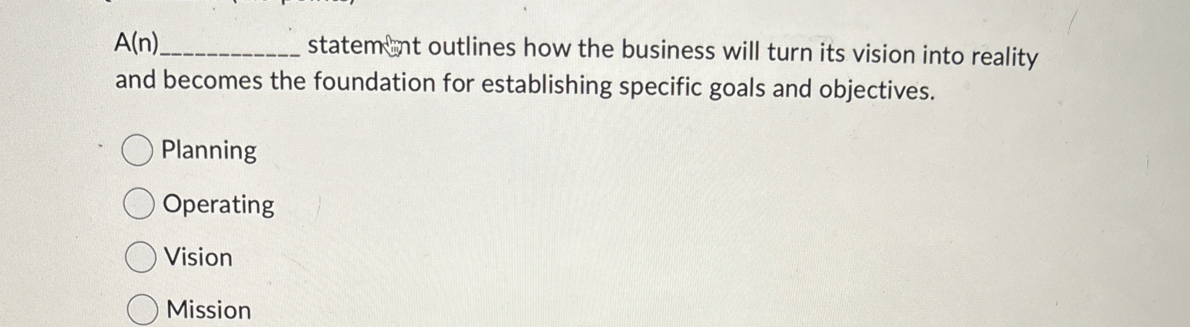  A(n) statement outlines how the business will turn its vision into