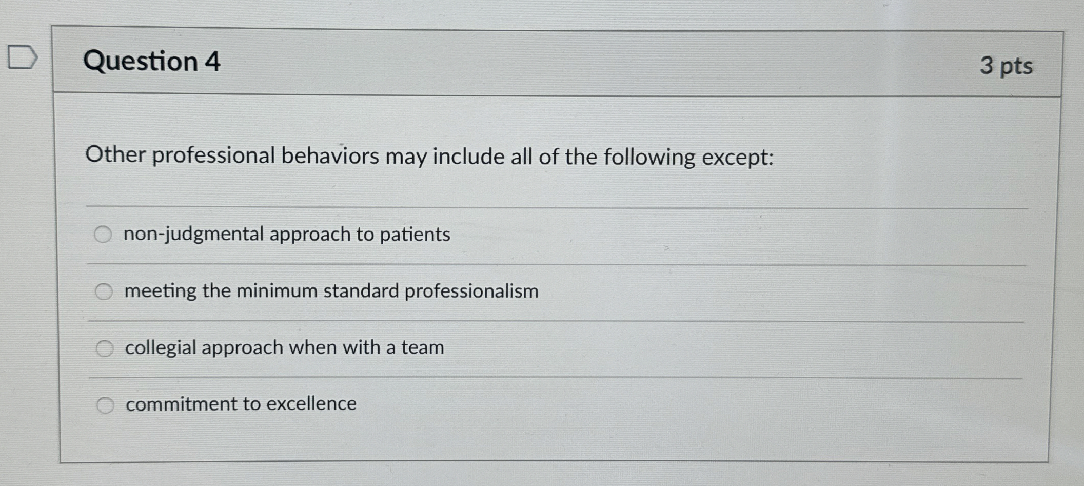  Question 4 3 pts Other professional behaviors may include all of