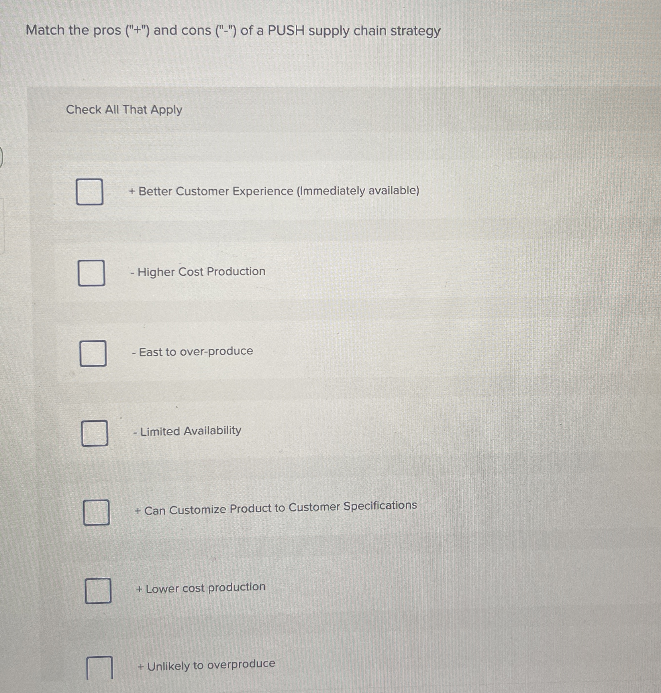  Match the pros ("+") and cons ("-") of a PUSH supply