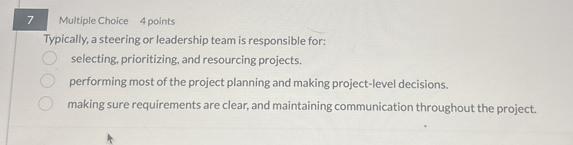  7 Multiple Choice 4 points Typically, a steering or leadership team