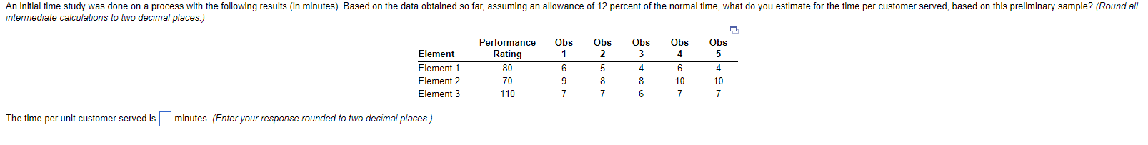  An initial time study was done on a process with the