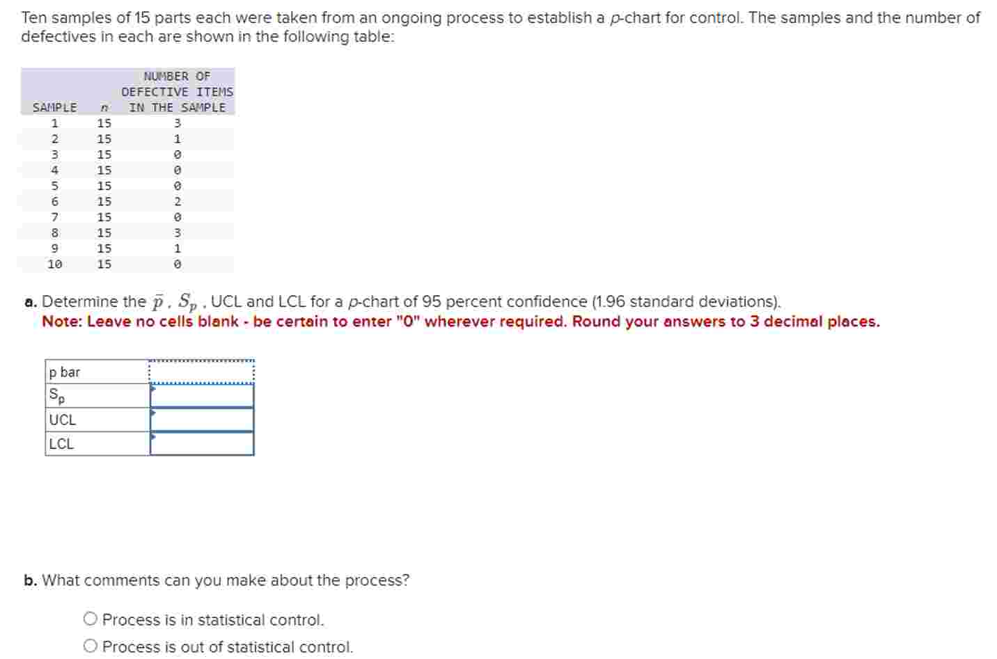  a. Determine the \(\bar{p}, S_{p}\). UCL and LCL for a \(