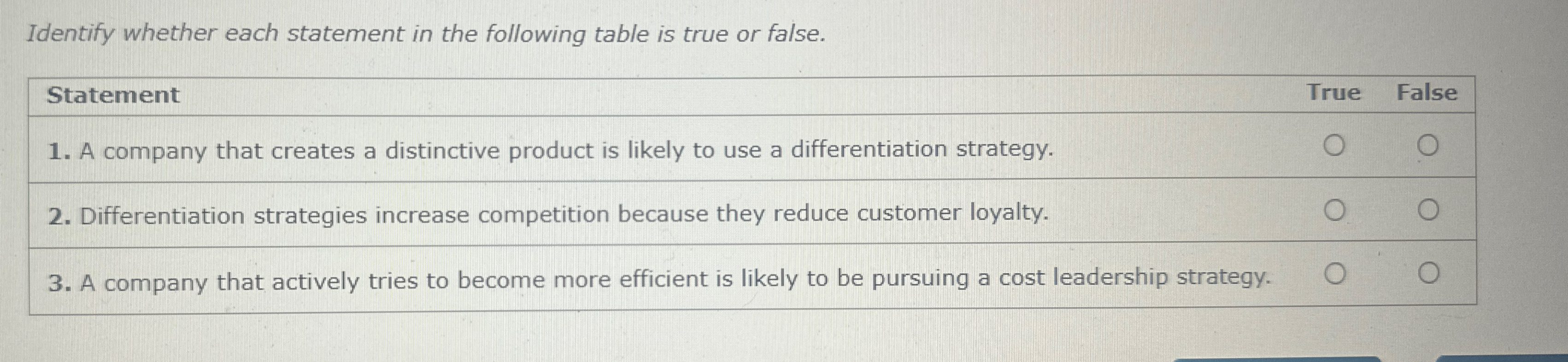  Identify whether each statement in the following table is true or