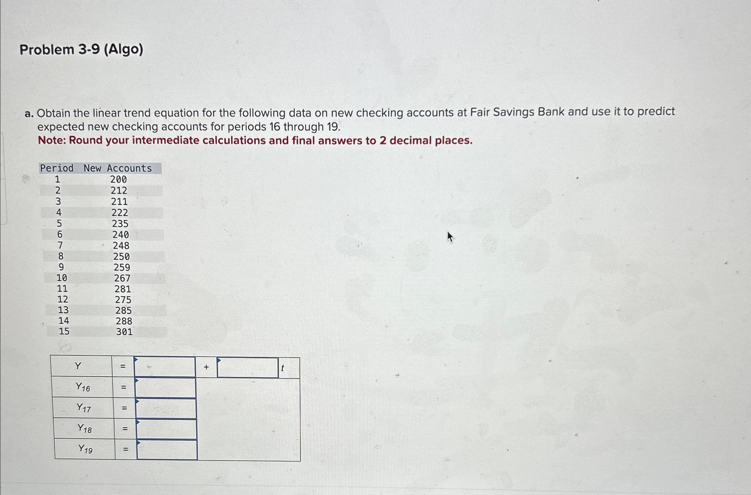  Problem 3-9(Algo) a. Obtain the linear trend equation for the following