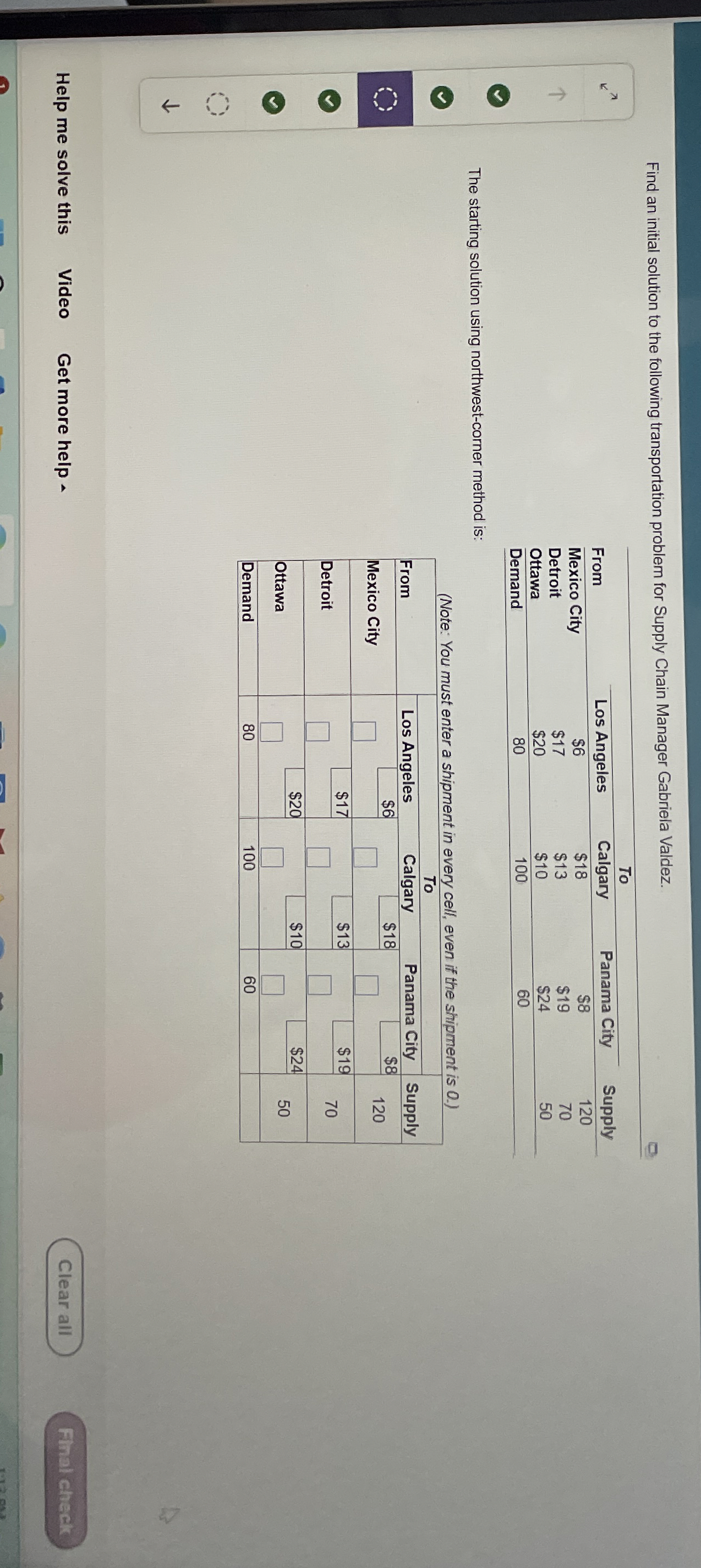  Find an initial solution to the following transportation problem for Supply