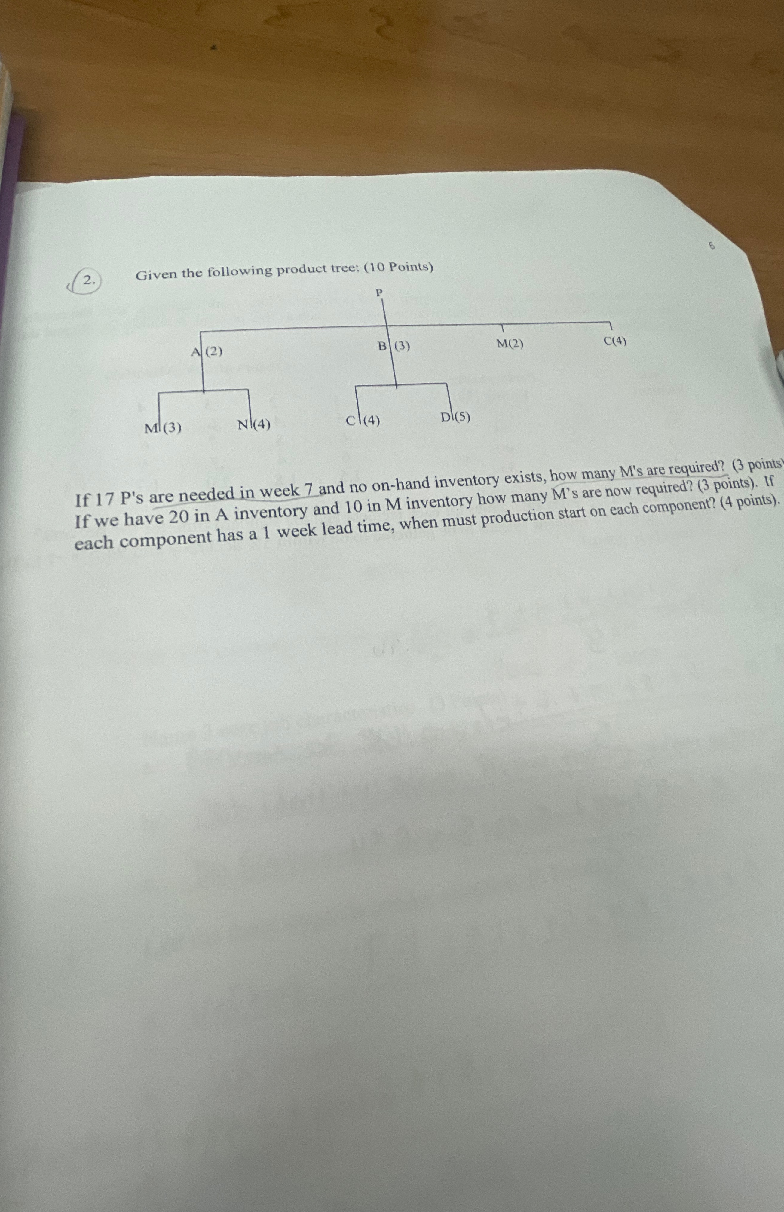  Given the following product tree: (10 Points) If 17P's are needed