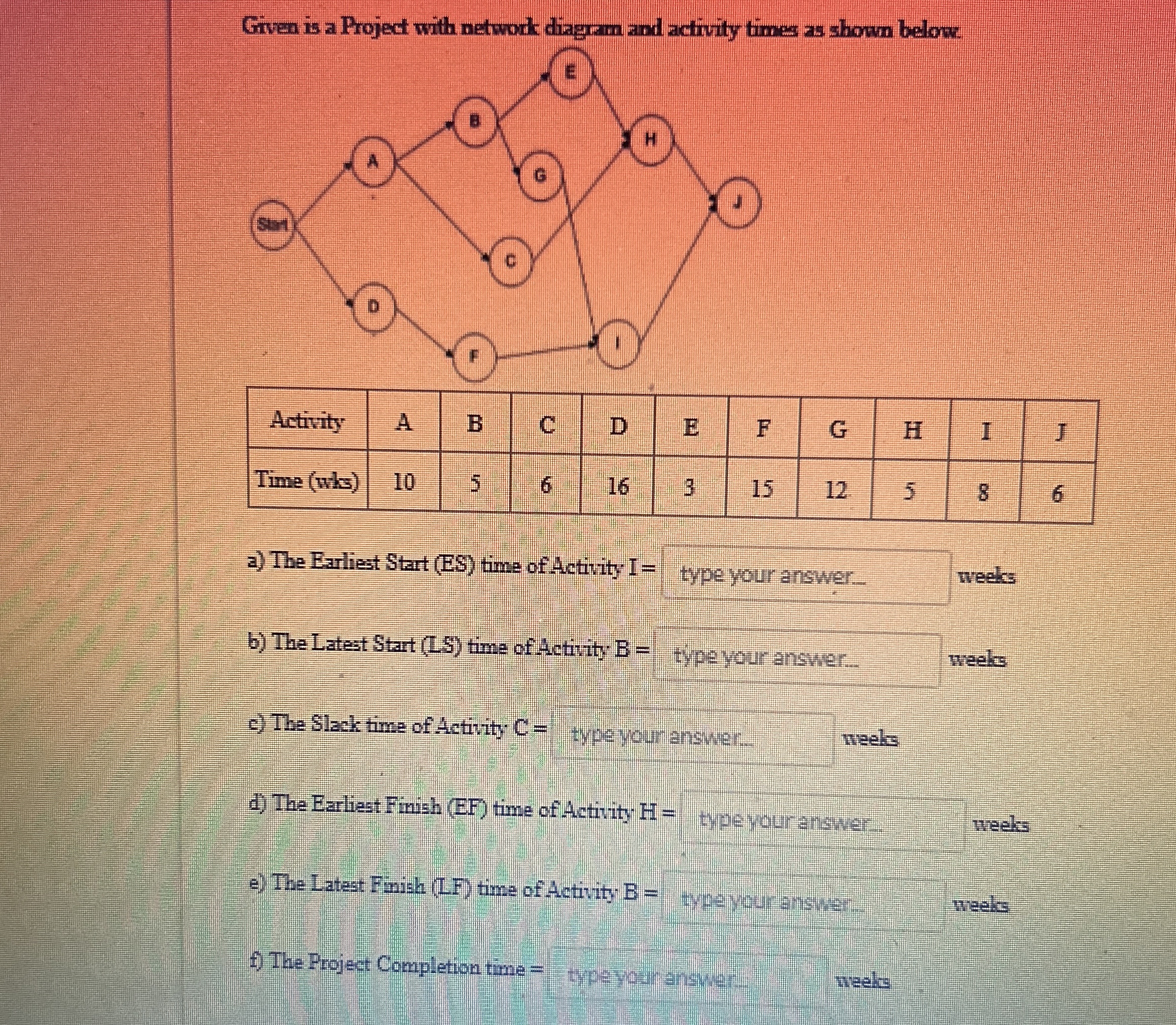  Given is a Project with network diagram and activity times as