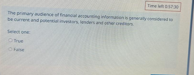  Time left 0.57:30 The primary audience of financial accounting information is