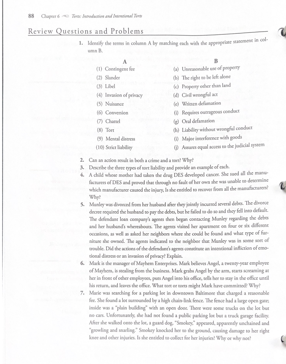  Identify the terms in column A by matching each with the