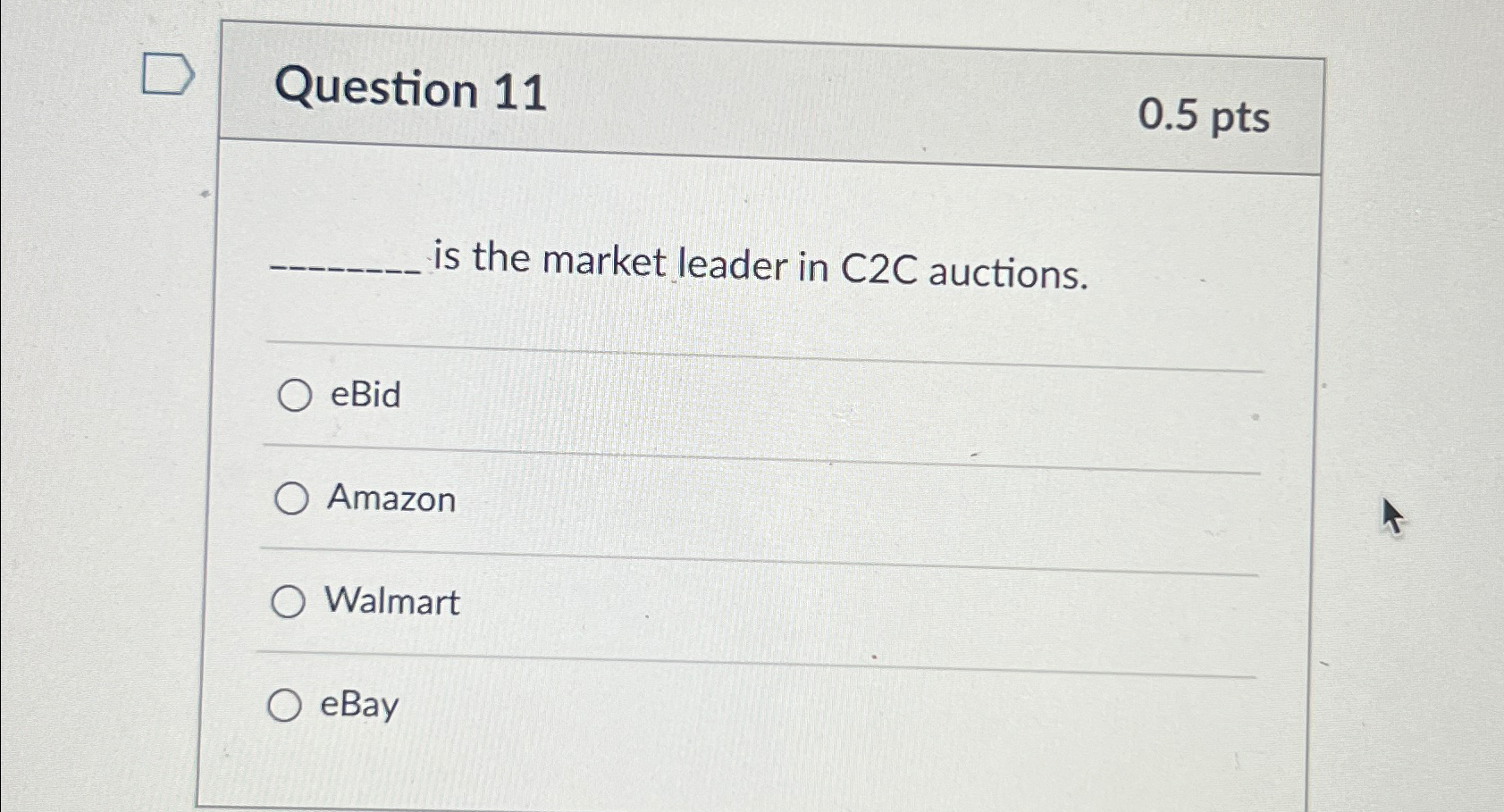  Question 11 0.5pts is the market leader in C2C auctions. eBid