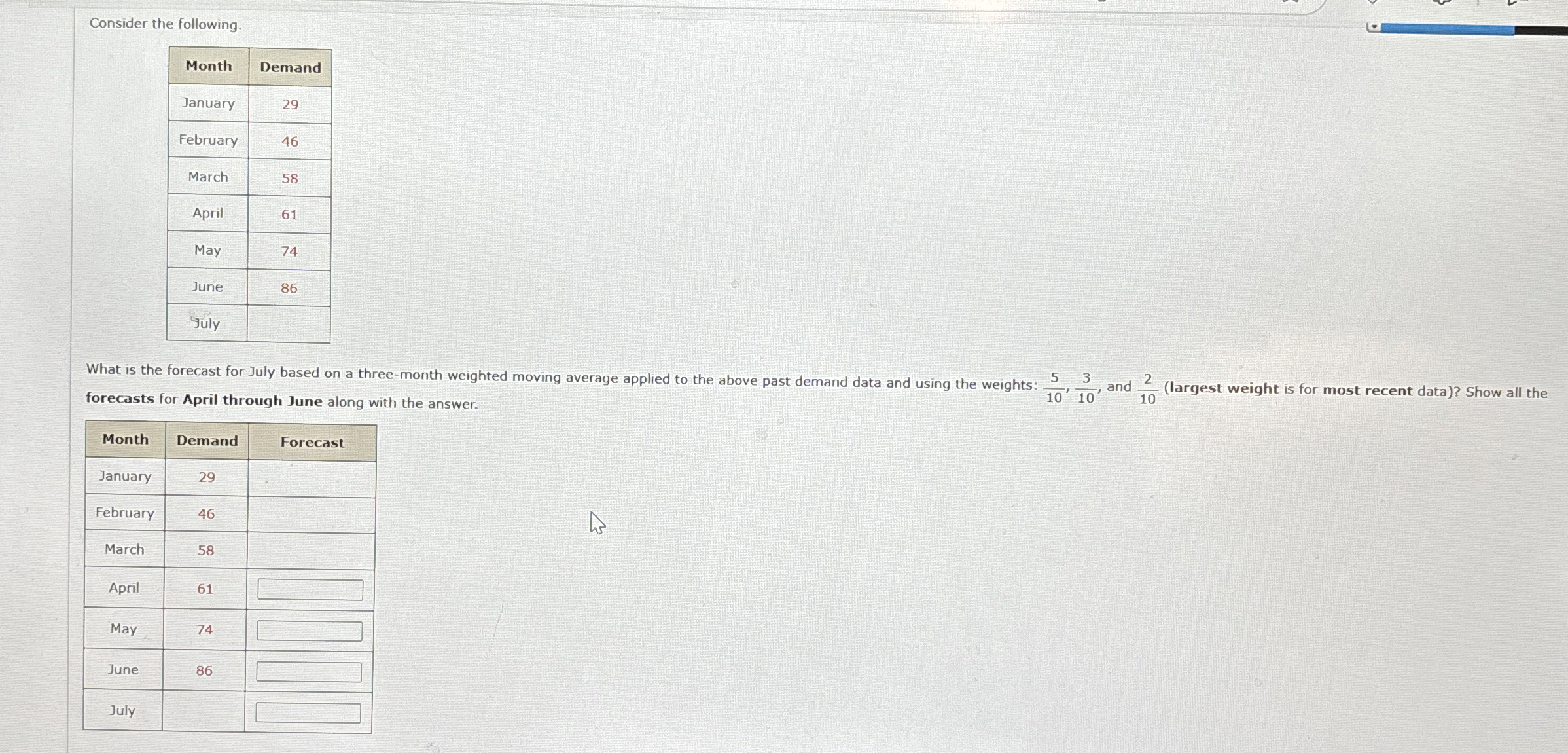  Consider the following. \table[[Month,Demand],[January,29],[February,46],[March,58],[April,61],[May,74],[June,86],[Yuly,]] forecasts for April through June along with
