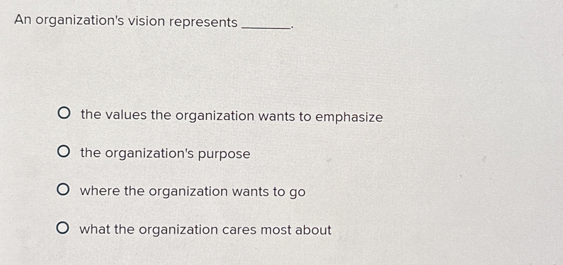  An organization's vision represents q, the values the organization wants to