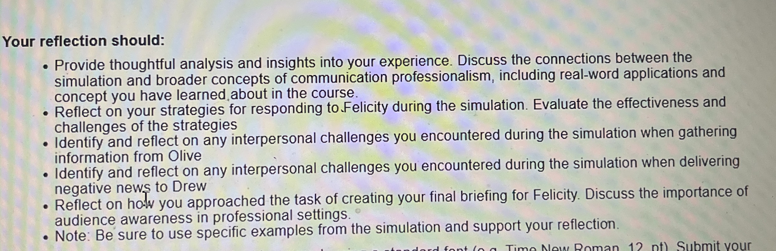  Your reflection should: Provide thoughtful analysis and insights into your experience.