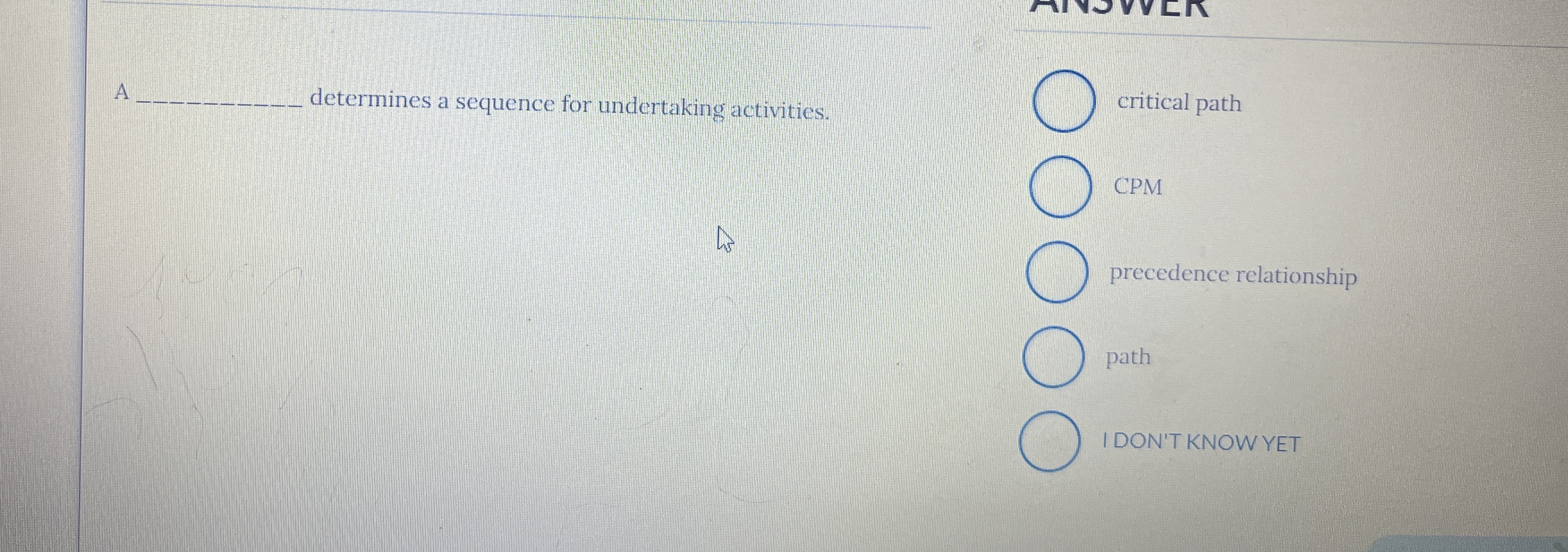  A q, determines a sequence for undertaking activities. critical path CPM