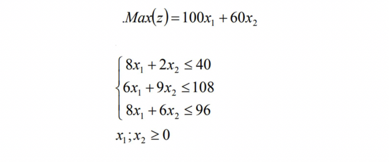  Max(z)=100x1+60x2 {8x1+2x240 6x1+9x2108 8x1+6x296 x1;x20 